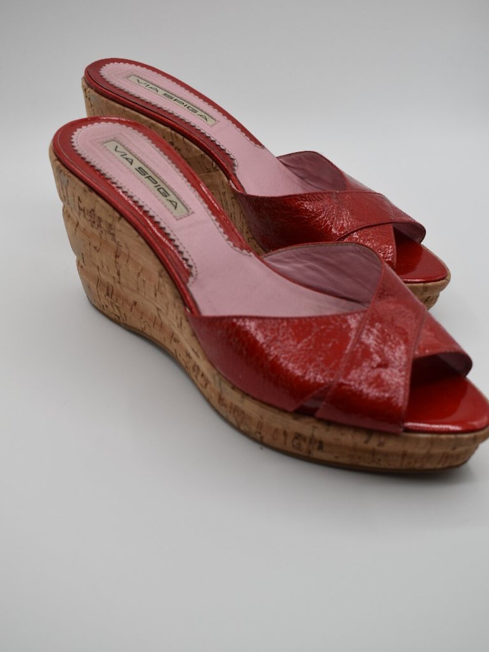 Via Spiga Women’s 8.5 M Red Leather Cork Wedge Slide Sandals Made Brazil